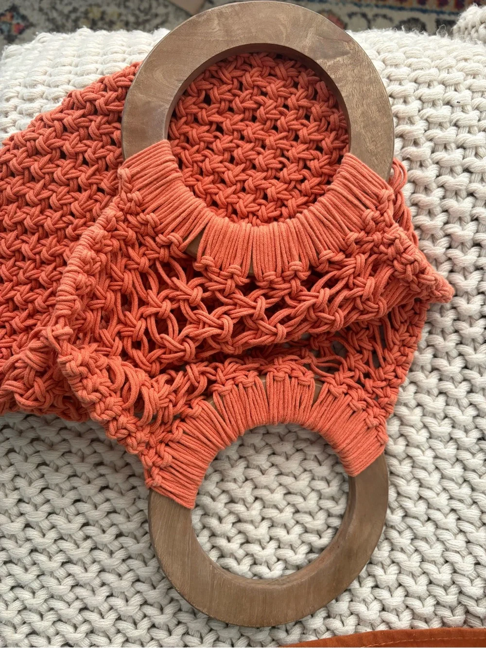 A New Day Target Coral Macrame Tote Bag Wooden Handles Boho Excellent